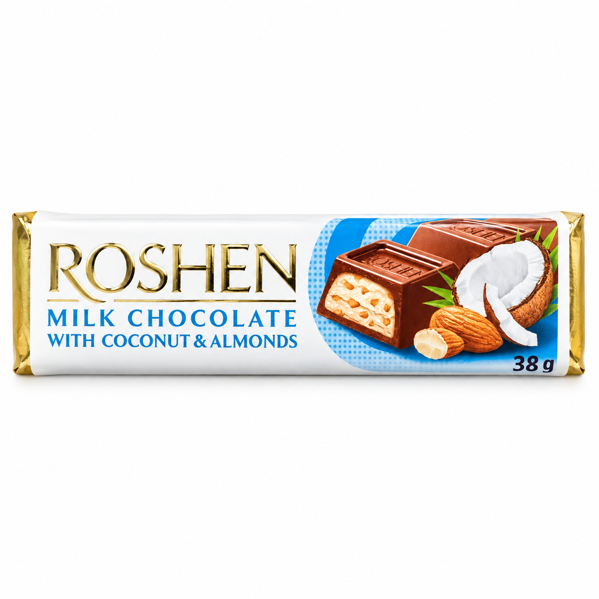     White image: Roshen coconut and almond milk chocolate bar 38g on white background
