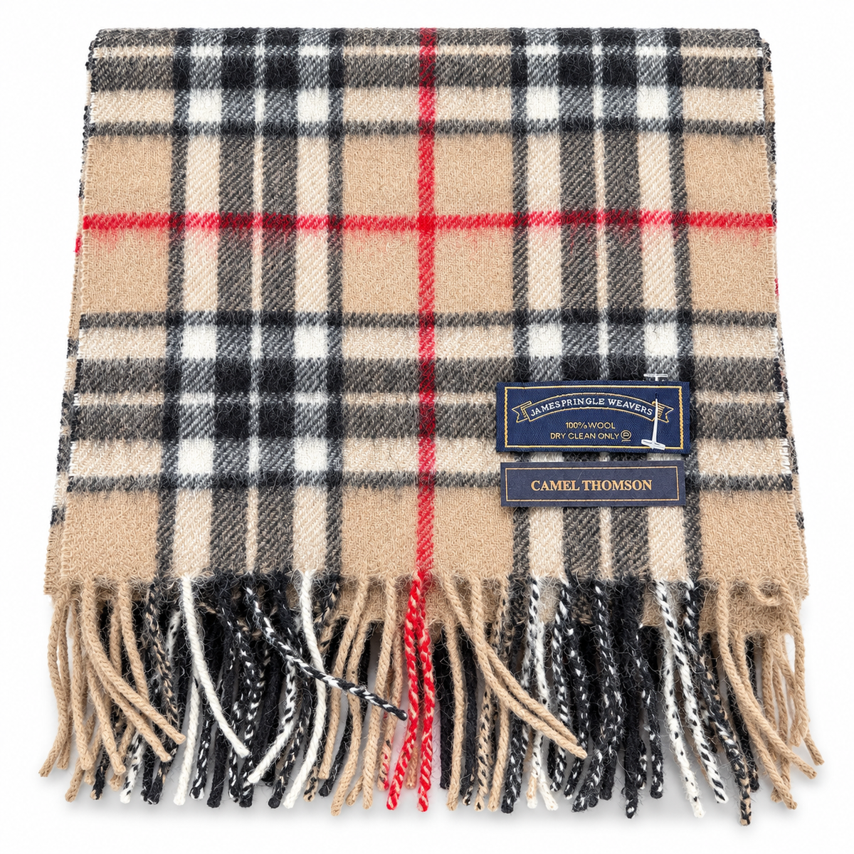 Folded James Pringle Weavers Camel Thomson 100% wool tartan scarf with multicoloured fringes on a white background
