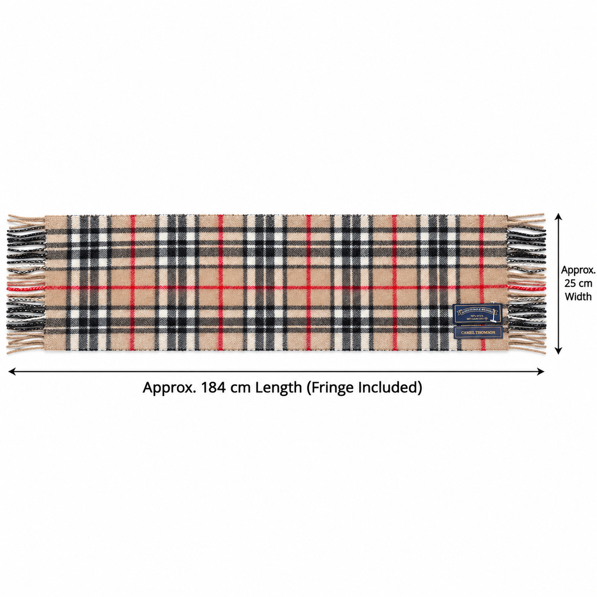 Camel Thomson wool tartan scarf showing approximate dimensions of 184 cm long and 25 cm wide