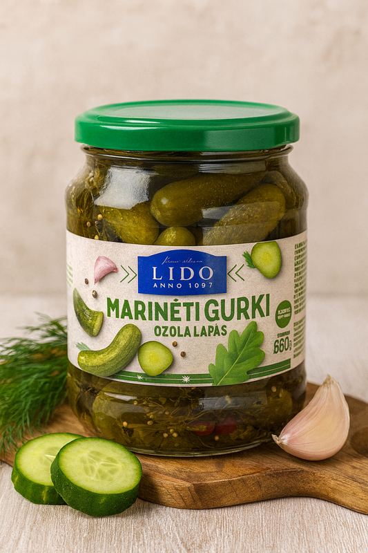 🥒 Lido – Marinēti Gurķi Ozola Lapās (Pickled Cucumbers in Oak Leaves) 660g