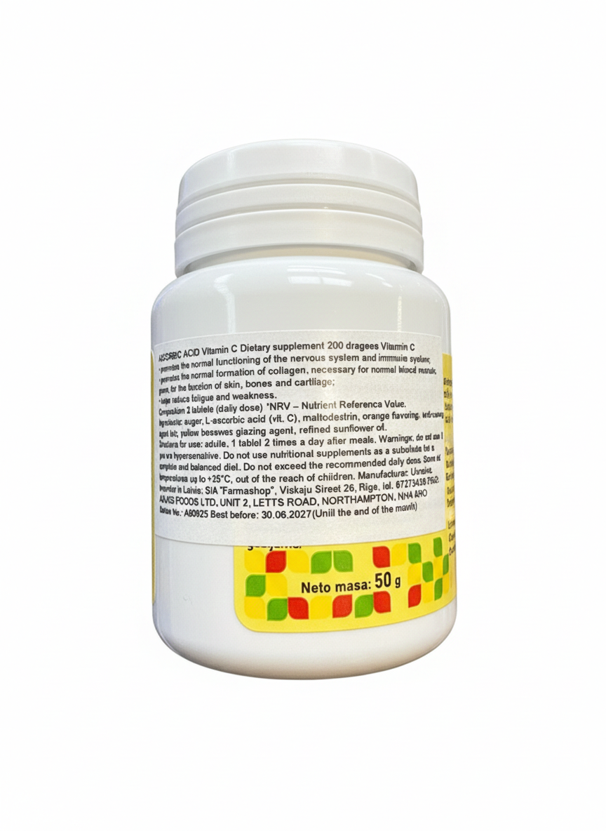 MAK Ascorbinskābe Vitamin C Tablets 100mg 200 count natural supplement package