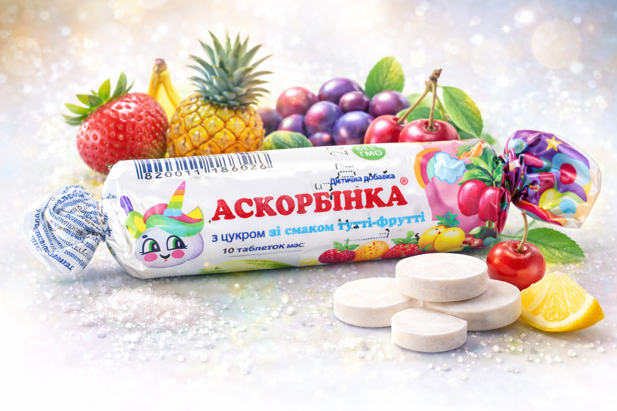 MAK Askorbinka Vitamin C Chewable Tablets 10 count tutti-frutti flavour package