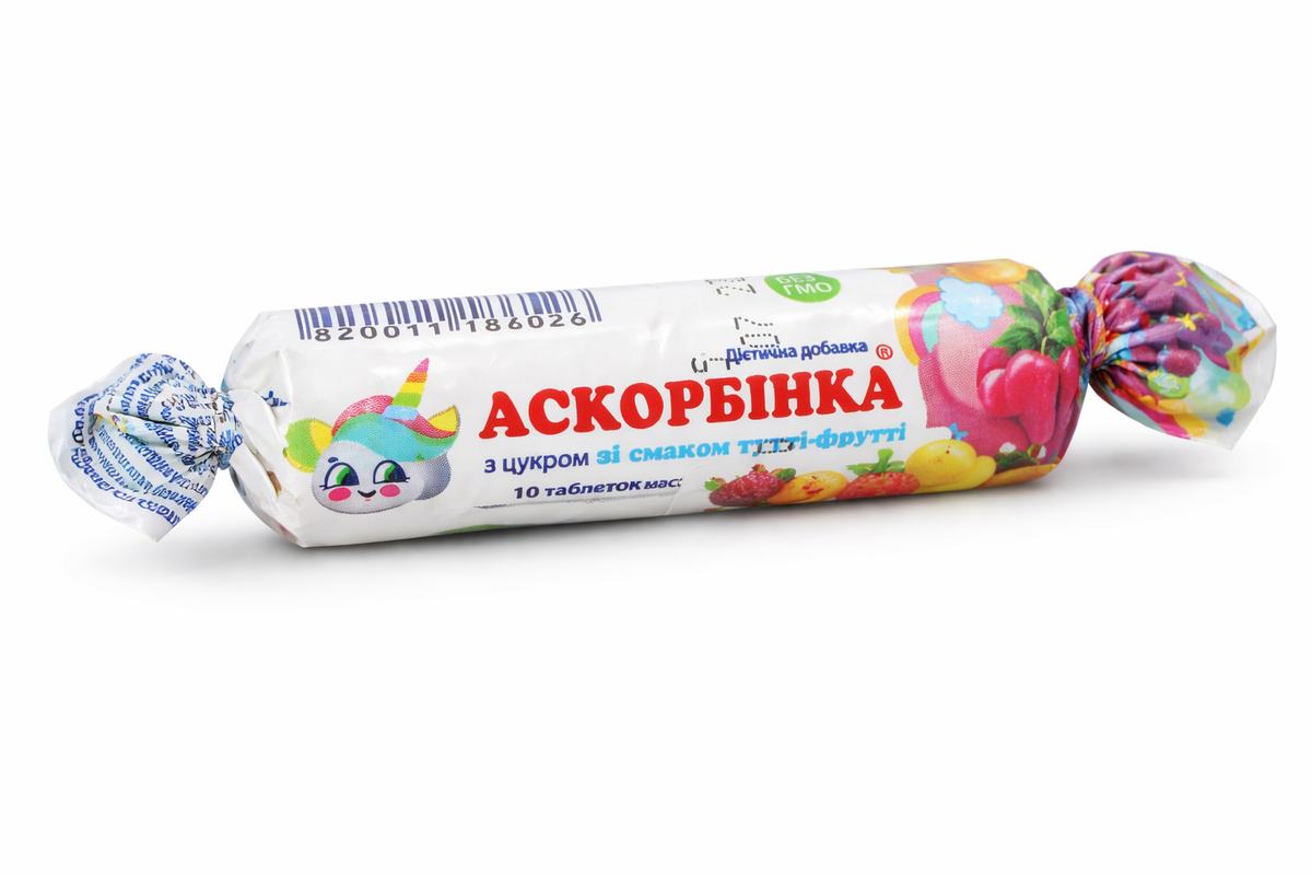 MAK Askorbinka Vitamin C Chewable Tablets 10 count tutti-frutti flavour package