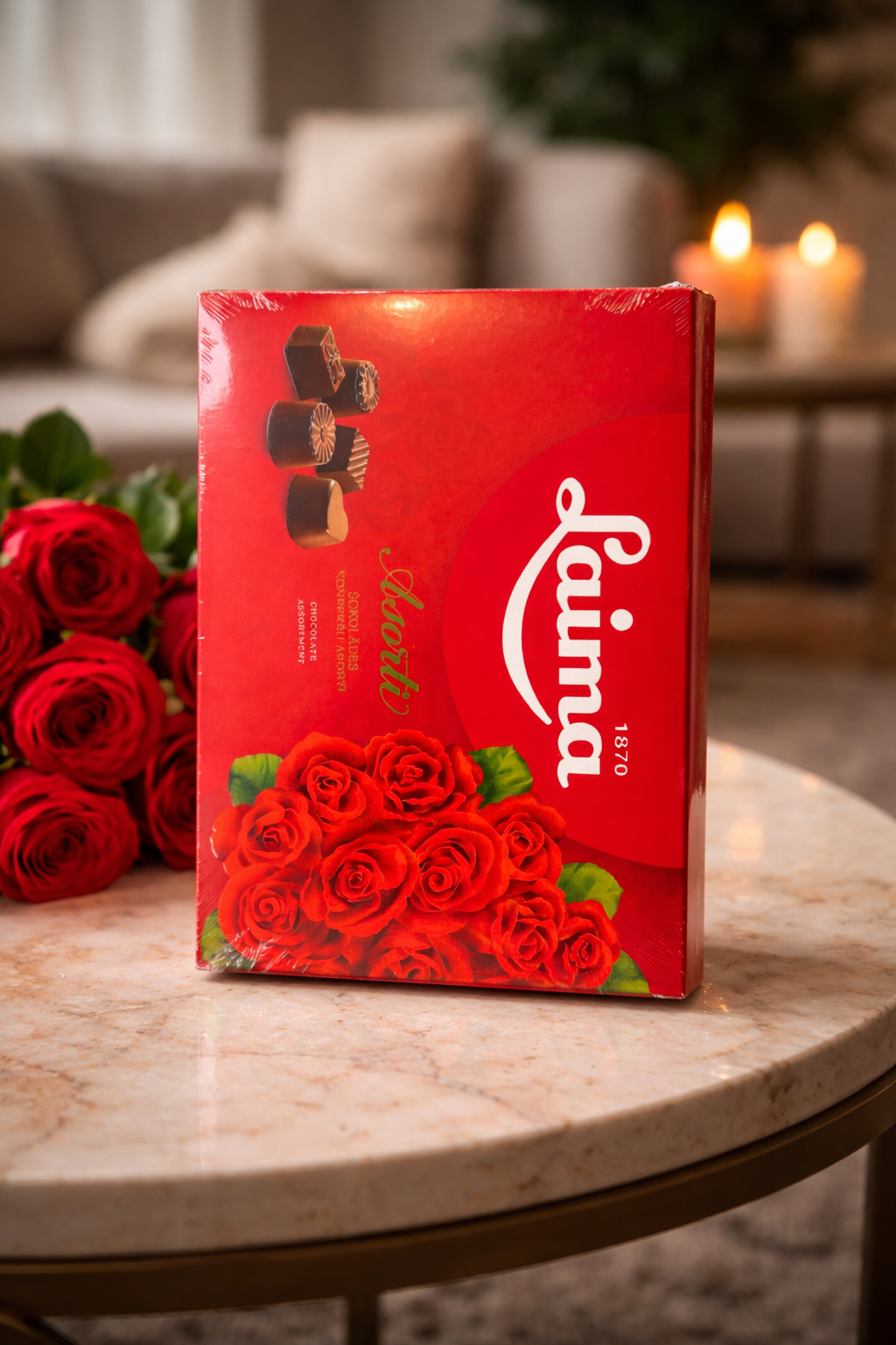 Laima Asorti 470g Chocolate Gift Box on table with roses – Assorted Milk and Dark Chocolates