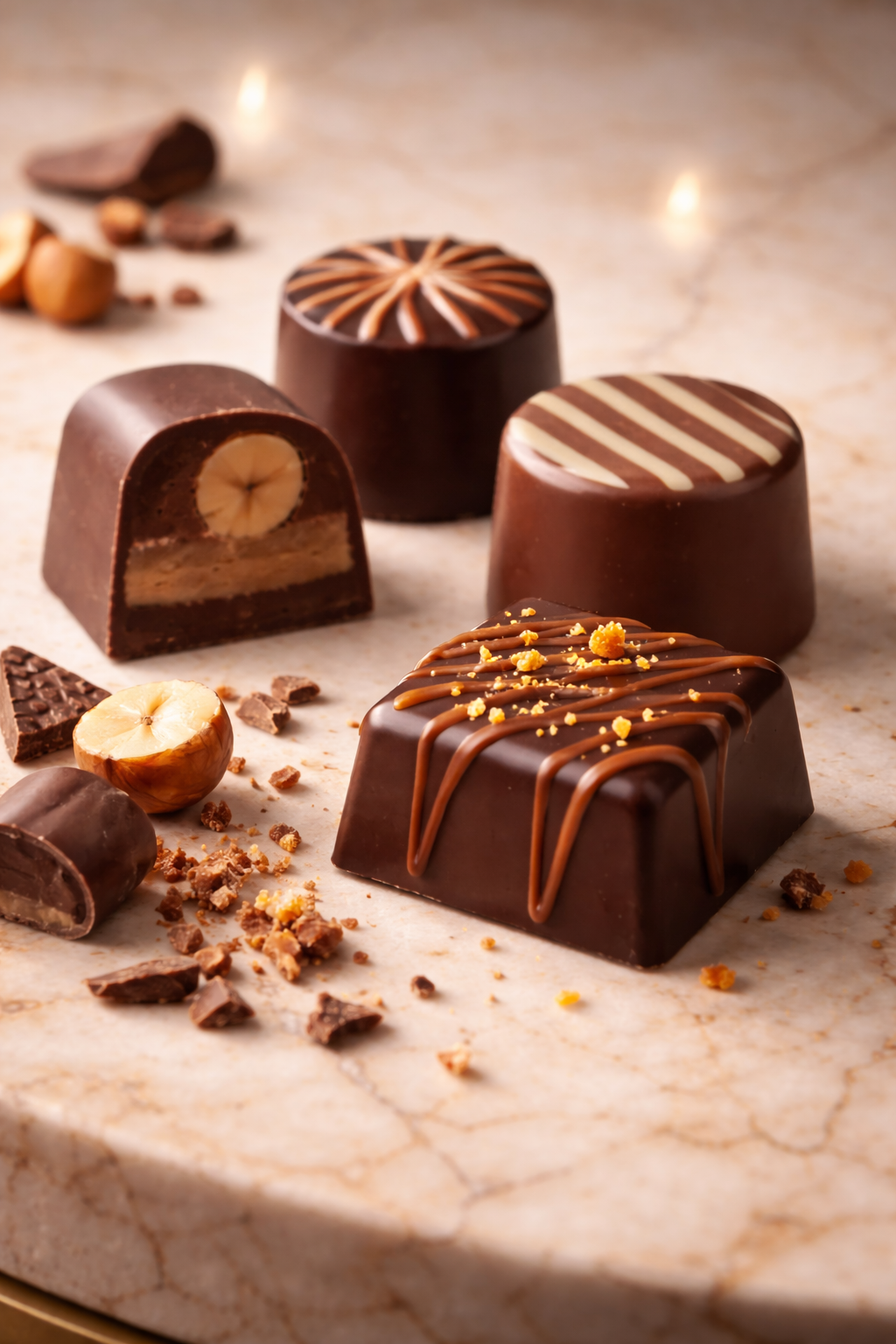 Close up of Laima Asorti assorted milk and dark chocolates with different fillings from 470g gift box