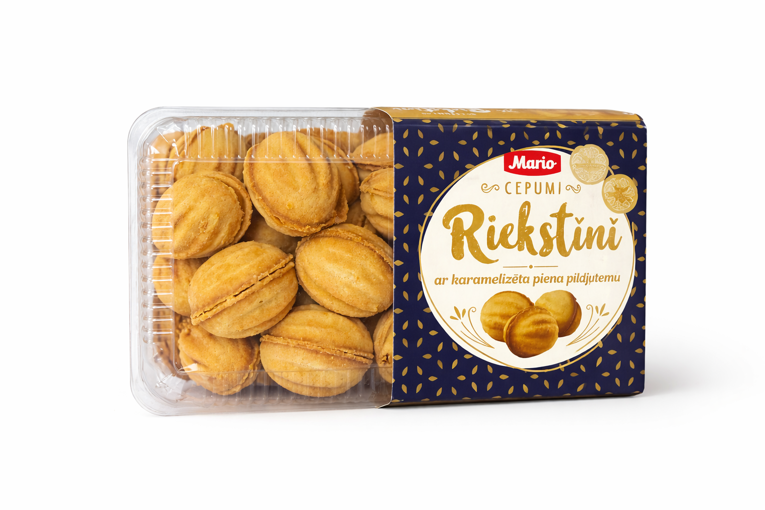 Mario Riekstiņi walnut shaped cookies with caramelised milk filling in plastic container and box packaging