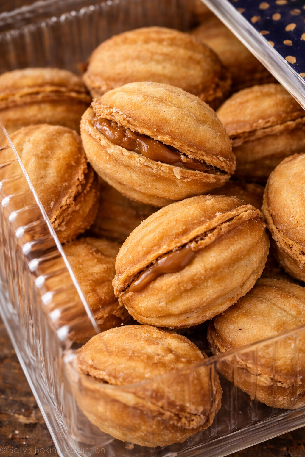 Close up of Mario Riekstiņi caramel filled walnut shaped cookies – traditional Eastern European biscuits UK