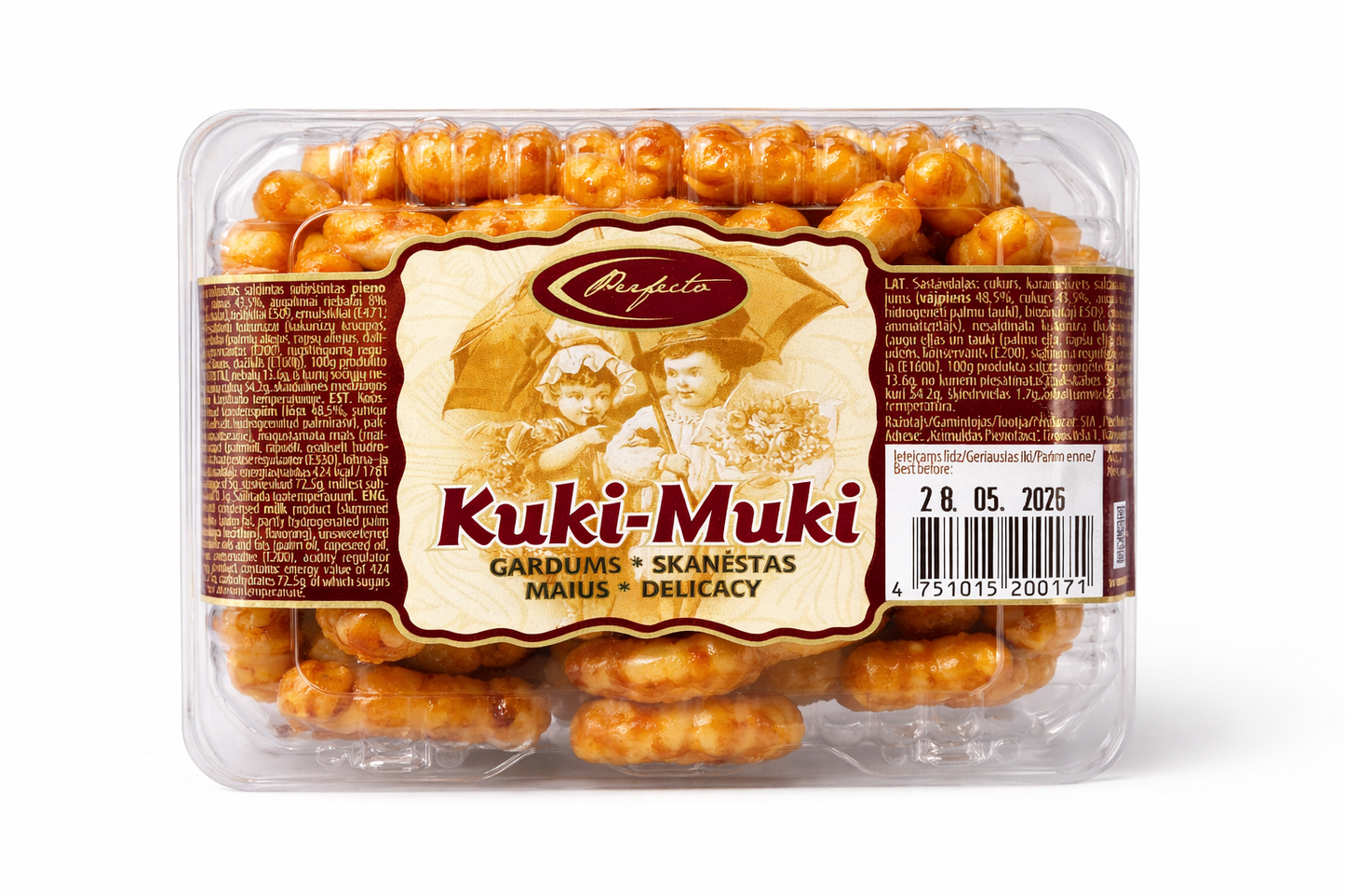 Kuki-Muki caramel glazed corn puffs in clear plastic container sweet corn snack