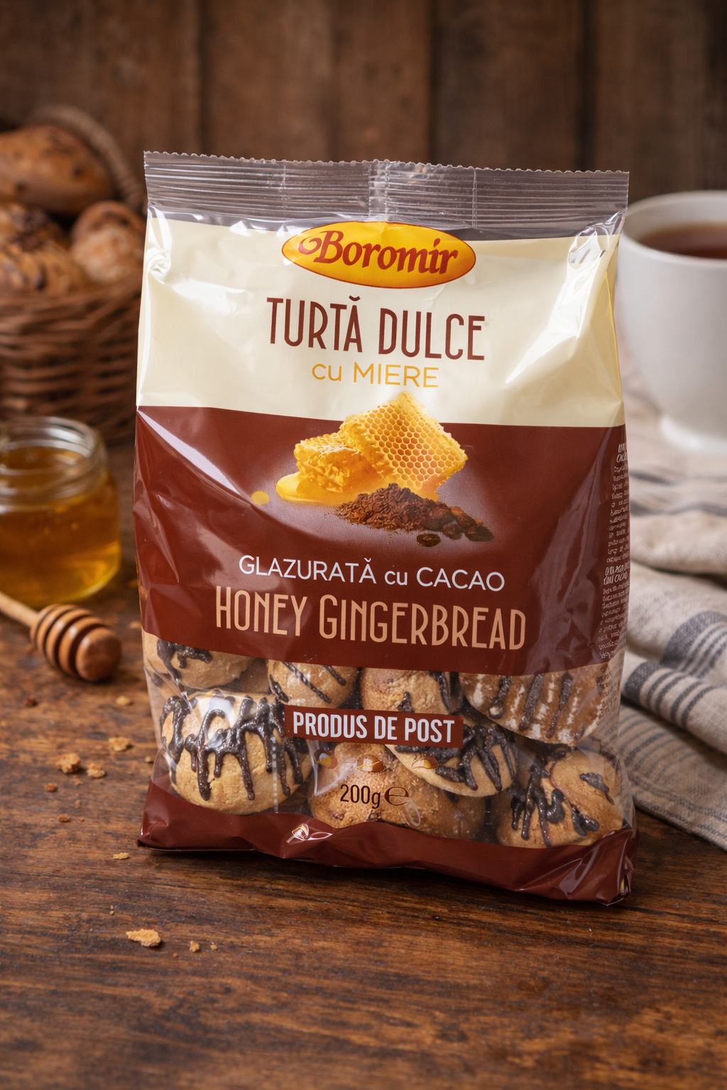 Boromir honey gingerbread cocoa glazed biscuits on rustic table with tea