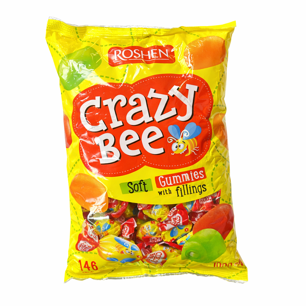 Roshen Crazy Bee Soft Gummies with Filling 1kg bag front view on white background, fruit flavoured gummy sweets with soft texture and juicy centre, Eastern European candy UK