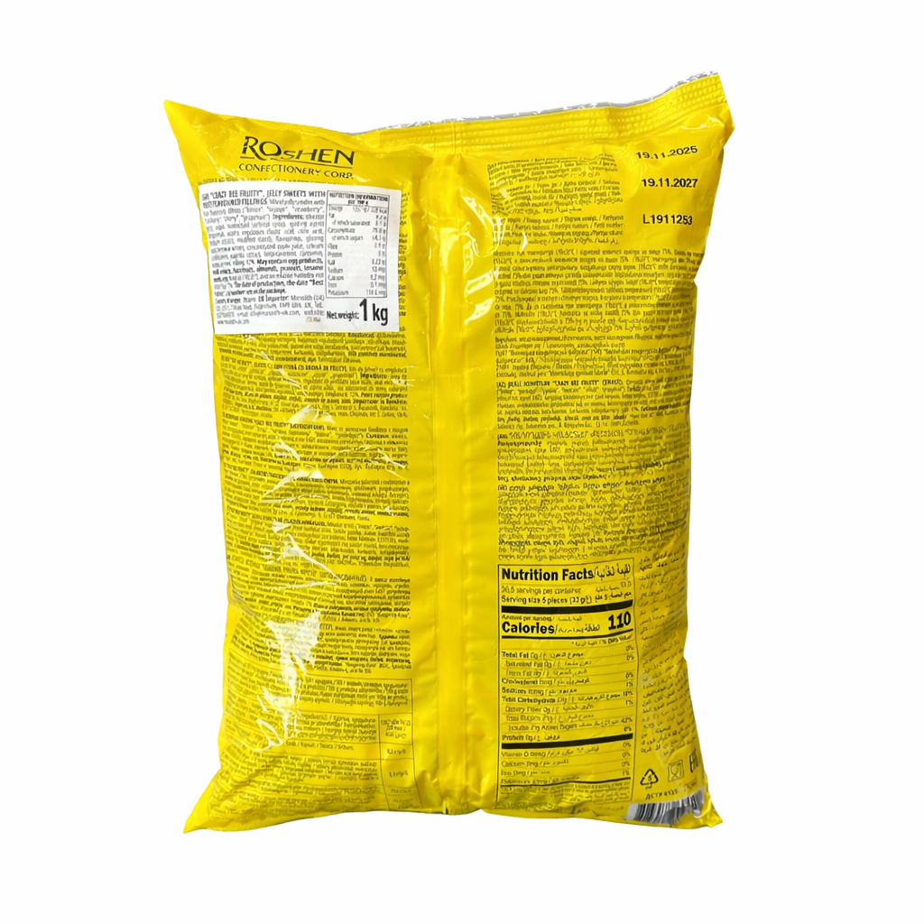 Roshen Crazy Bee Soft Gummies 1kg back of pack showing ingredients, nutrition information and product details, fruit gummy sweets made by Roshen