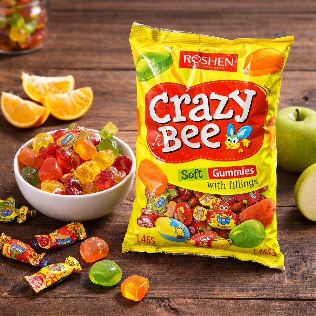 Roshen Crazy Bee Soft Gummies 1kg bag displayed on wooden table with colourful fruit gummies in bowl, soft jelly sweets with filling, Eastern European sweets Uk