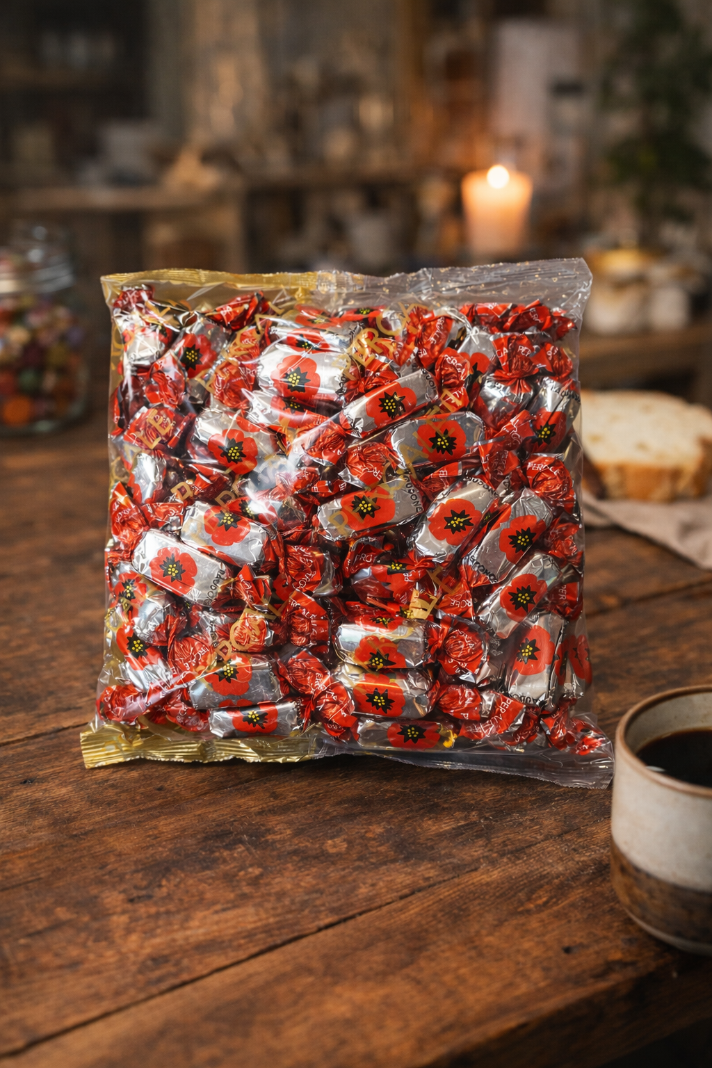 Pergalė Raudonoji Aguona Red Poppy chocolate candies 1kg displayed on wooden table with coffee, Lithuanian poppy seed filled chocolate sweets, Eastern European confectionery UK