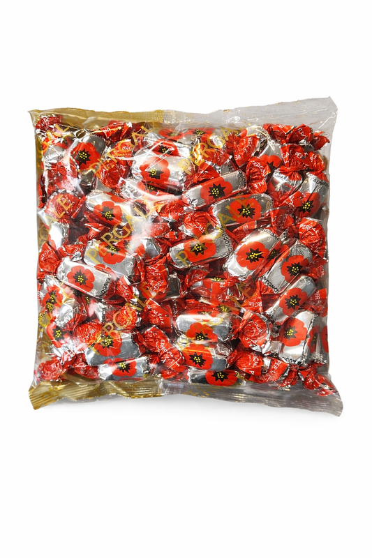Pergalė Raudonoji Aguona Red Poppy Chocolate Candies 1kg bag on white background, Lithuanian chocolate sweets with poppy seed filling, individually wrapped confectionery