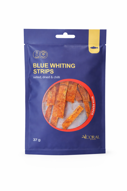 Coral Blue Whiting Strips with pepper 37g salted dried chilli fish snack pack front on white background