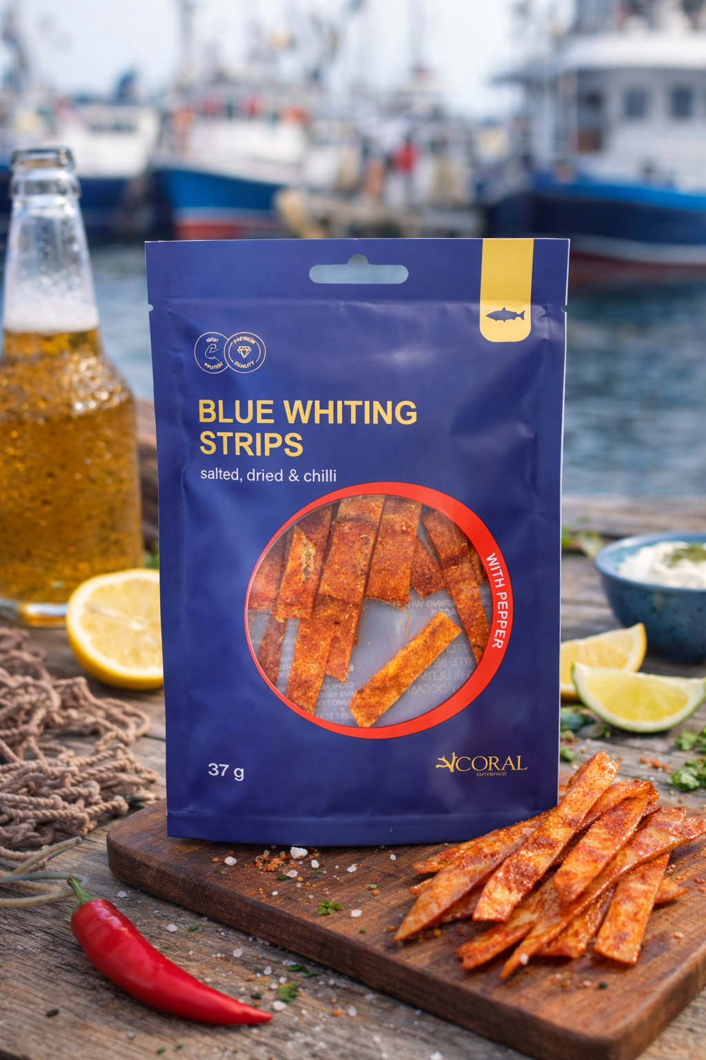coral blue whiting strips with pepper dried seafood snack 37g salted dried fish package served with lemon and drink