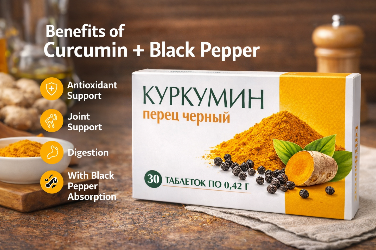MAK Curcumin Tablets with Black Pepper Extract Herbal Food Supplement 30 Tablets package