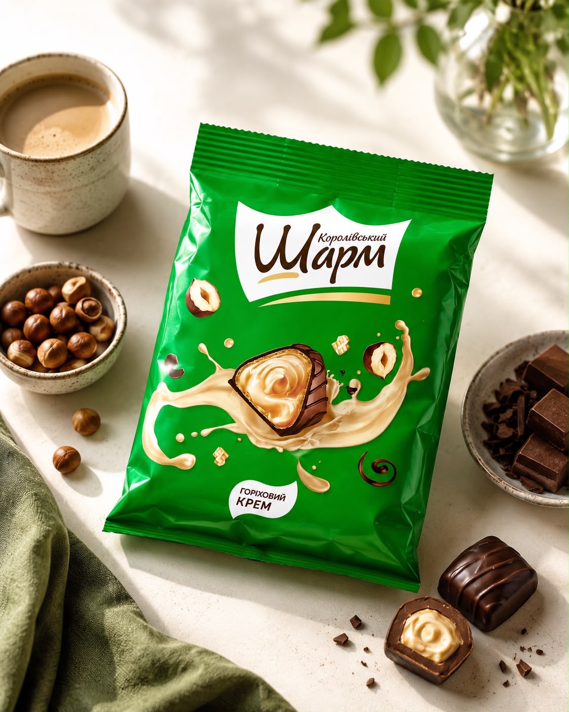 Royal Charm pyramid-shaped candies with hazelnut cream and milk chocolate coating in 113g packaging
