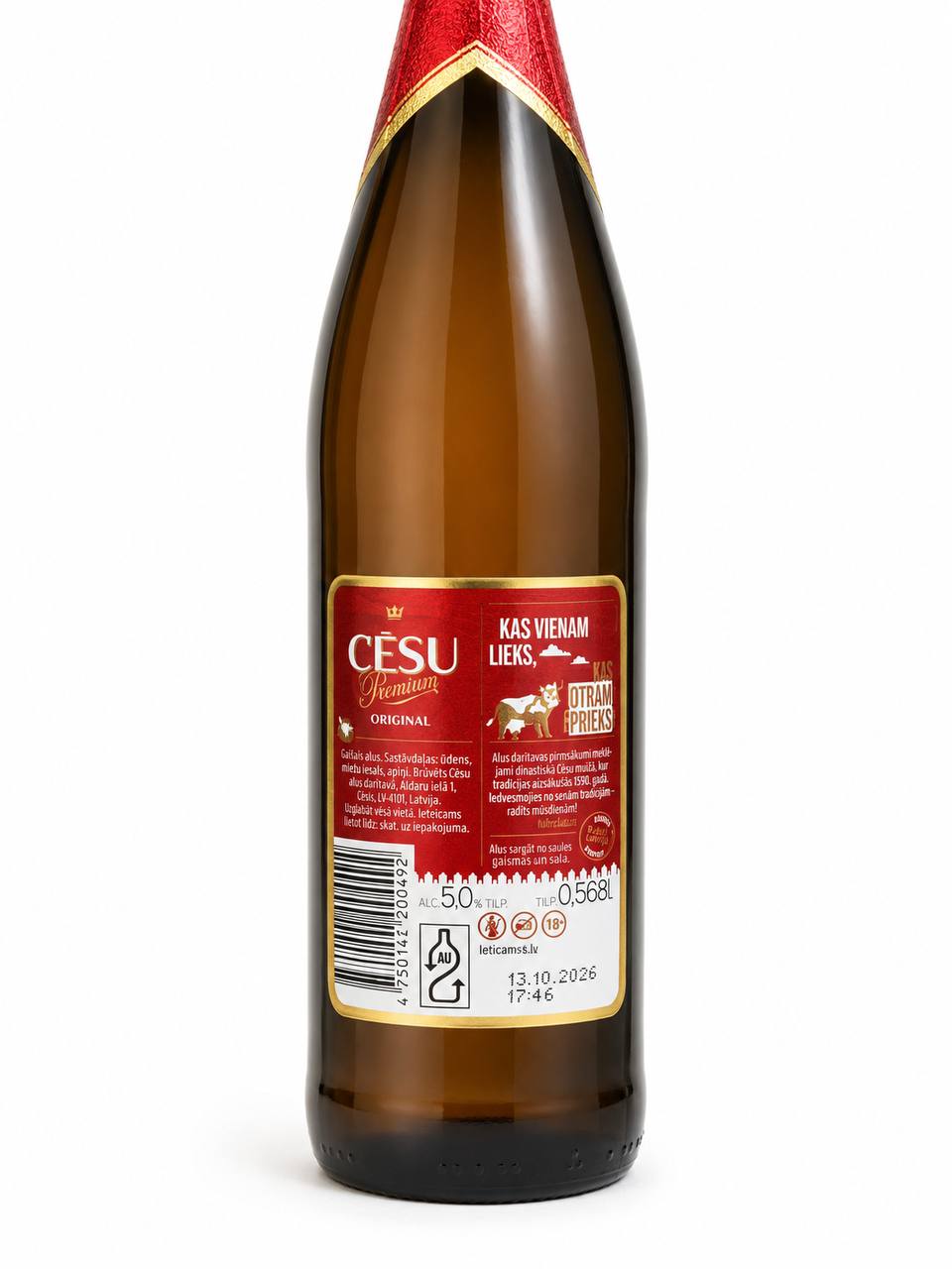 Cēsu Premium Original Latvian Premium Lager 0.568L back label with ingredients and barcode