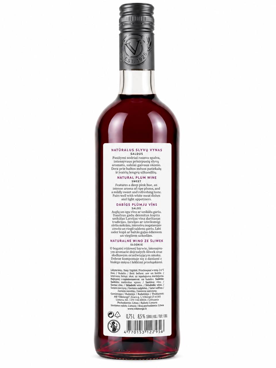 Voruta Natural Plum Wine back label ingredients and product information