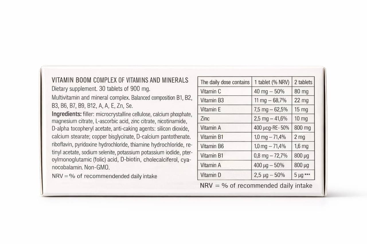 GoldenPharm Vitamin Bom! Complex of Vitamins & Minerals 30 Tablets 900mg natural supplement package