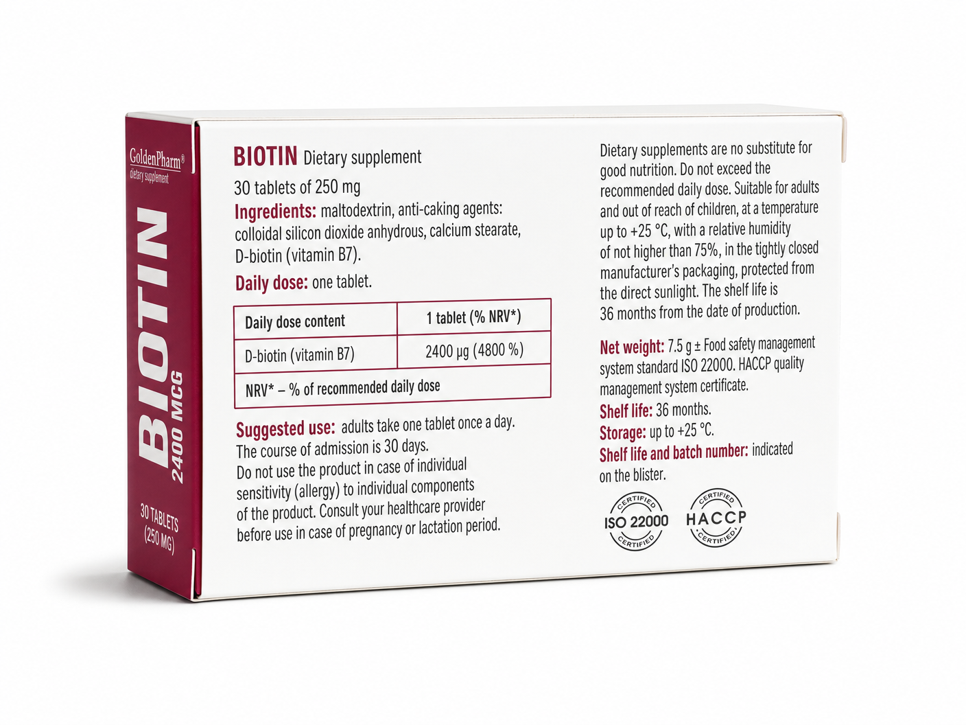 GoldenPharm Biotin 2400 MCG Vitamin B7 30 Tablets natural supplement package