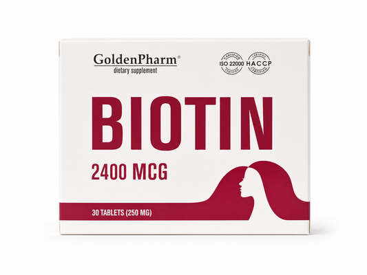 GoldenPharm Biotin 2400 MCG 30 Tablets front packaging