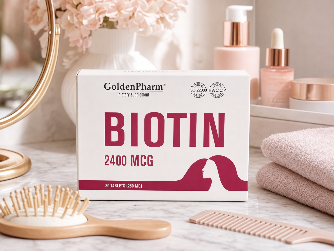 GoldenPharm Biotin 2400 MCG Vitamin B7 30 Tablets natural supplement package