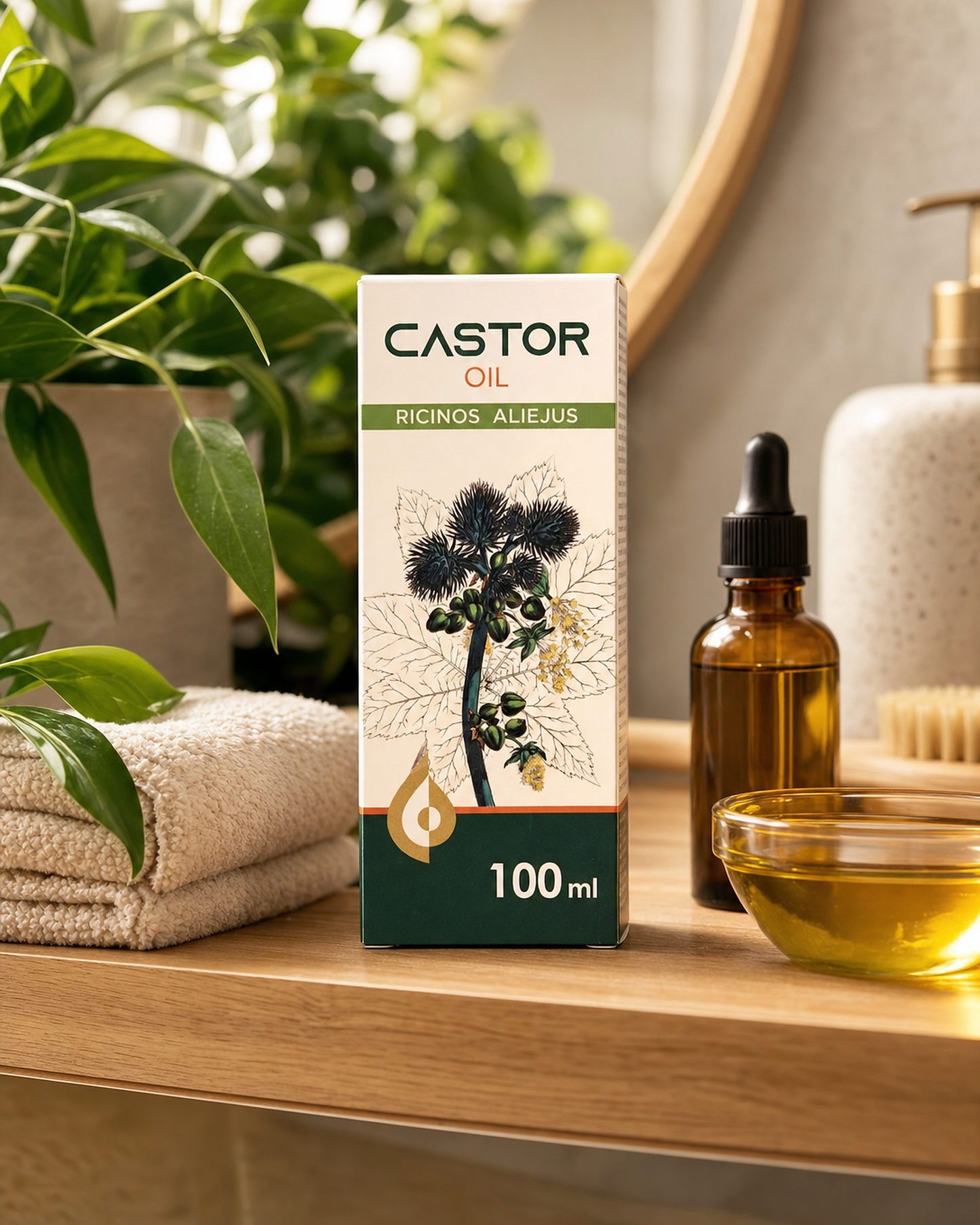 Castor Oil 100ml in natural wellness bathroom setting with plants and towel