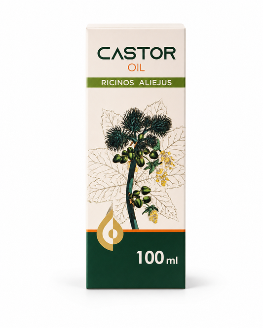 Castor Oil Ricinos Aliejus 100ml box on white background