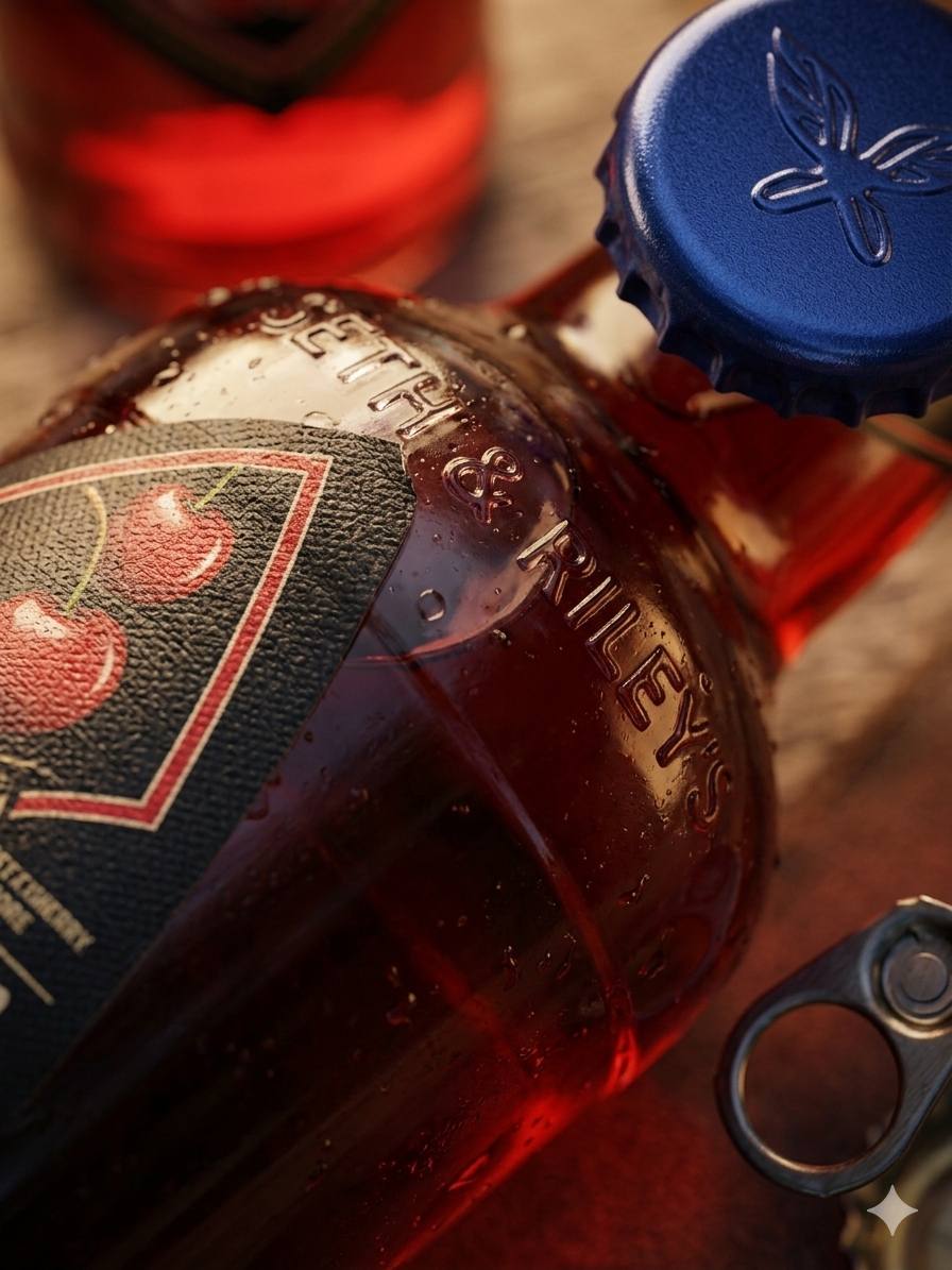 Close-up of Seth & Riley's Garage Hardcore cherry beer cider bottle