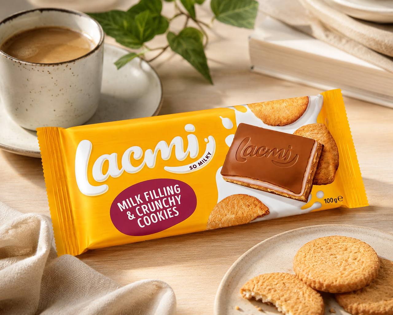 Roshen Lacmi Milk Filling & Crunchy Cookies Chocolate Bar styled lifestyle photo