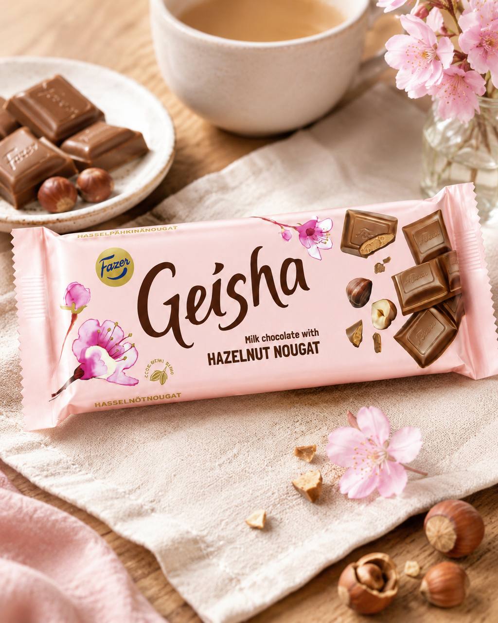 Fazer Geisha milk chocolate with tea and cherry blossoms lifestyle image