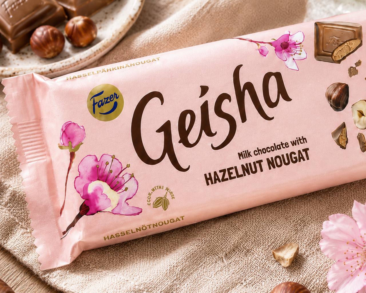 Fazer Geisha hazelnut nougat milk chocolate close-up lifestyle image
