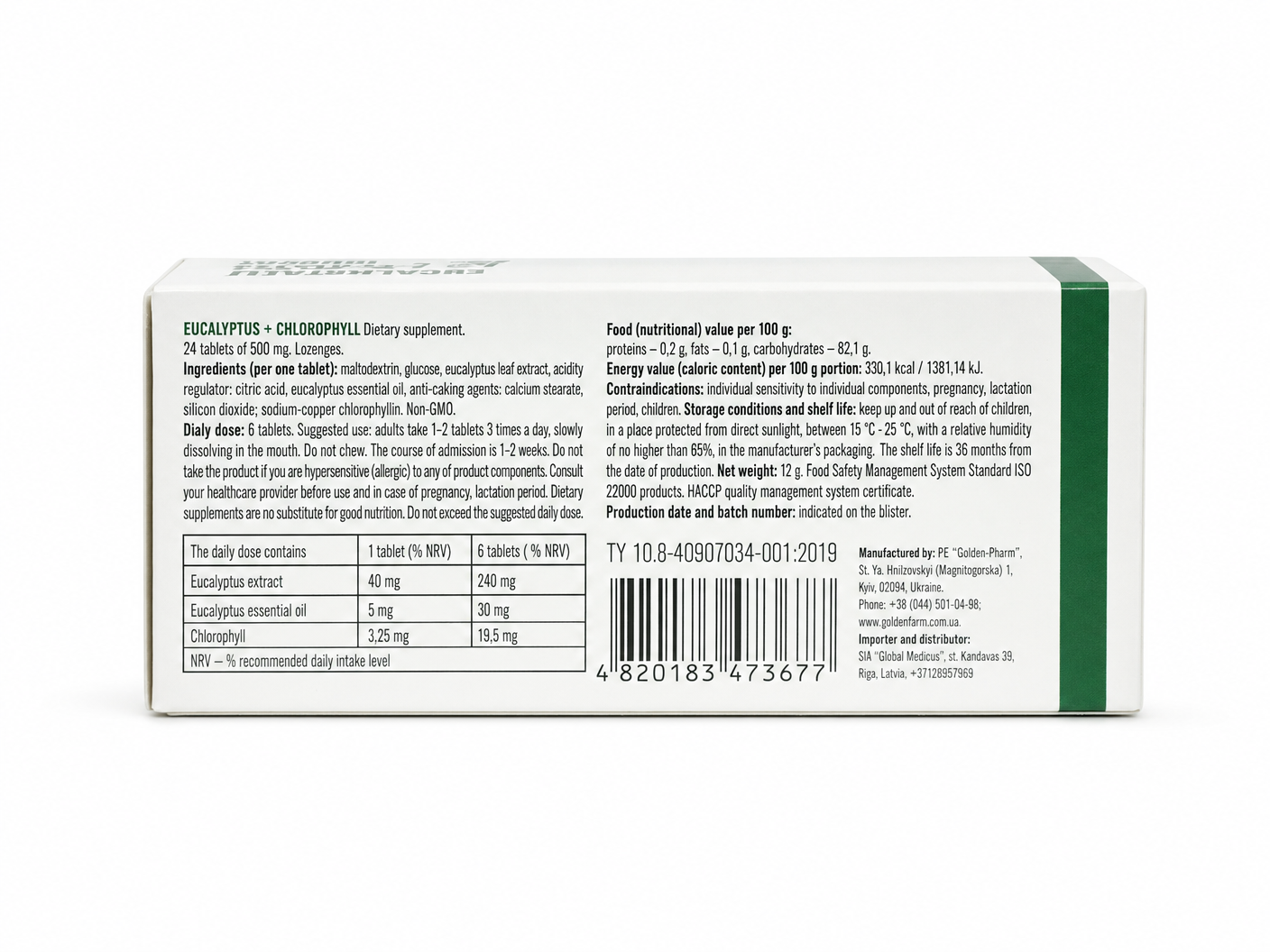 GoldenPharm Eucalyptus Chlorophyll herbal supplement 24 lozenges 500mg package