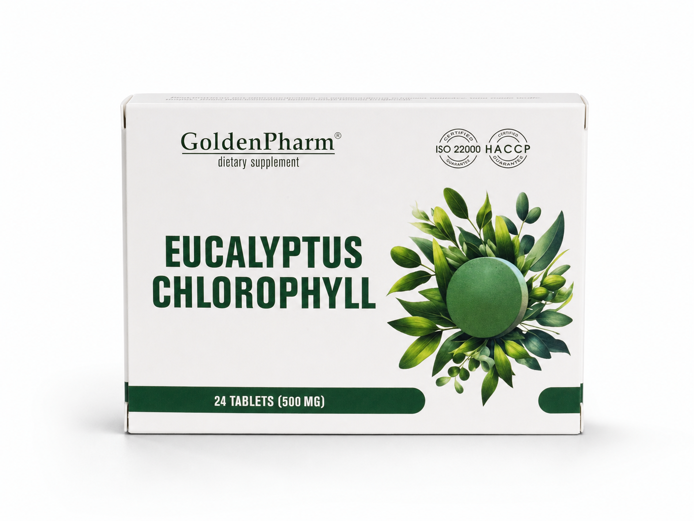 GoldenPharm Eucalyptus Chlorophyll herbal supplement 24 lozenges 500mg package