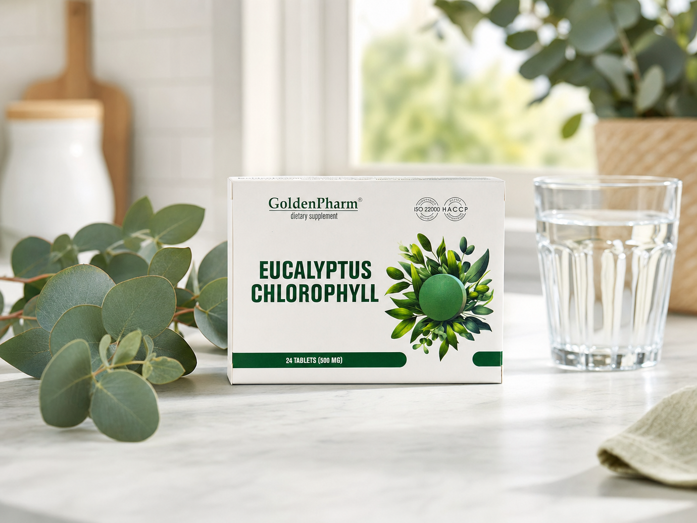 GoldenPharm Eucalyptus Chlorophyll herbal supplement 24 lozenges 500mg package
