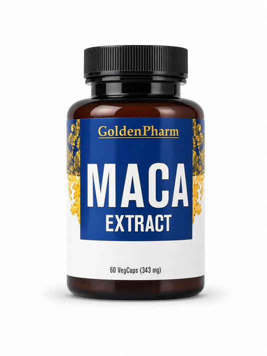 GoldenPharm Maca Extract supplement bottle front label