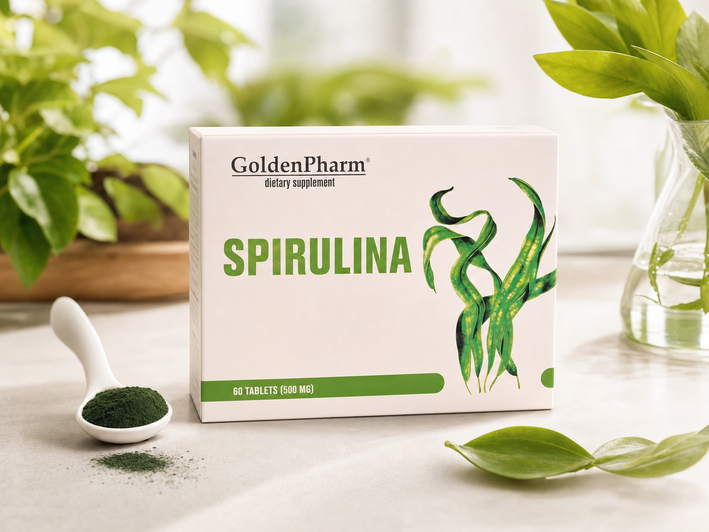 GoldenPharm Spirulina 60 Tablets 500mg natural supplement package