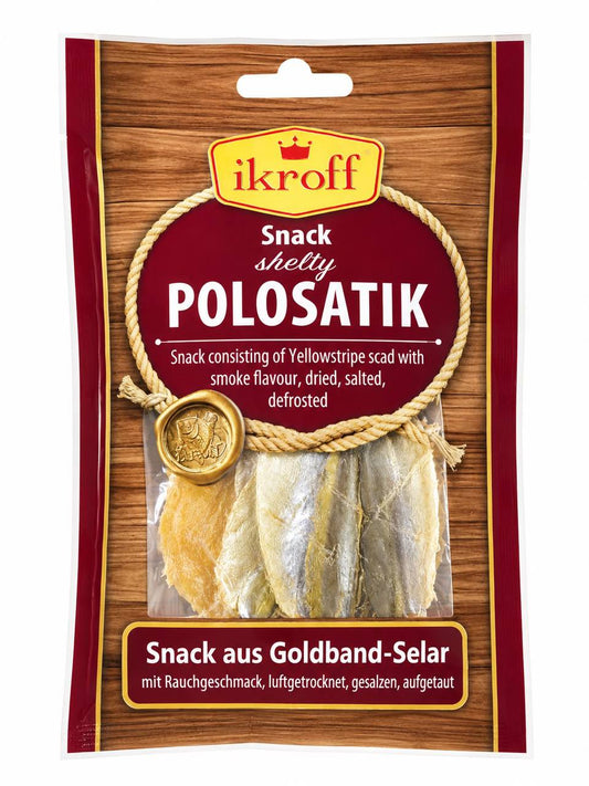 ikroff polosatik shelty dried yellowstripe scad smoked fish snack front package