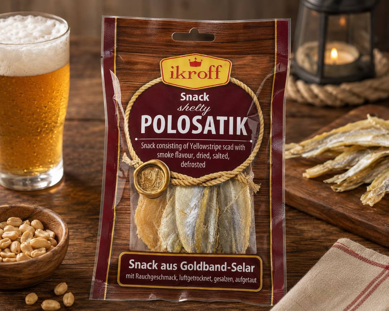 Ikroff Polosatik Shelty dried fish snack served with beer