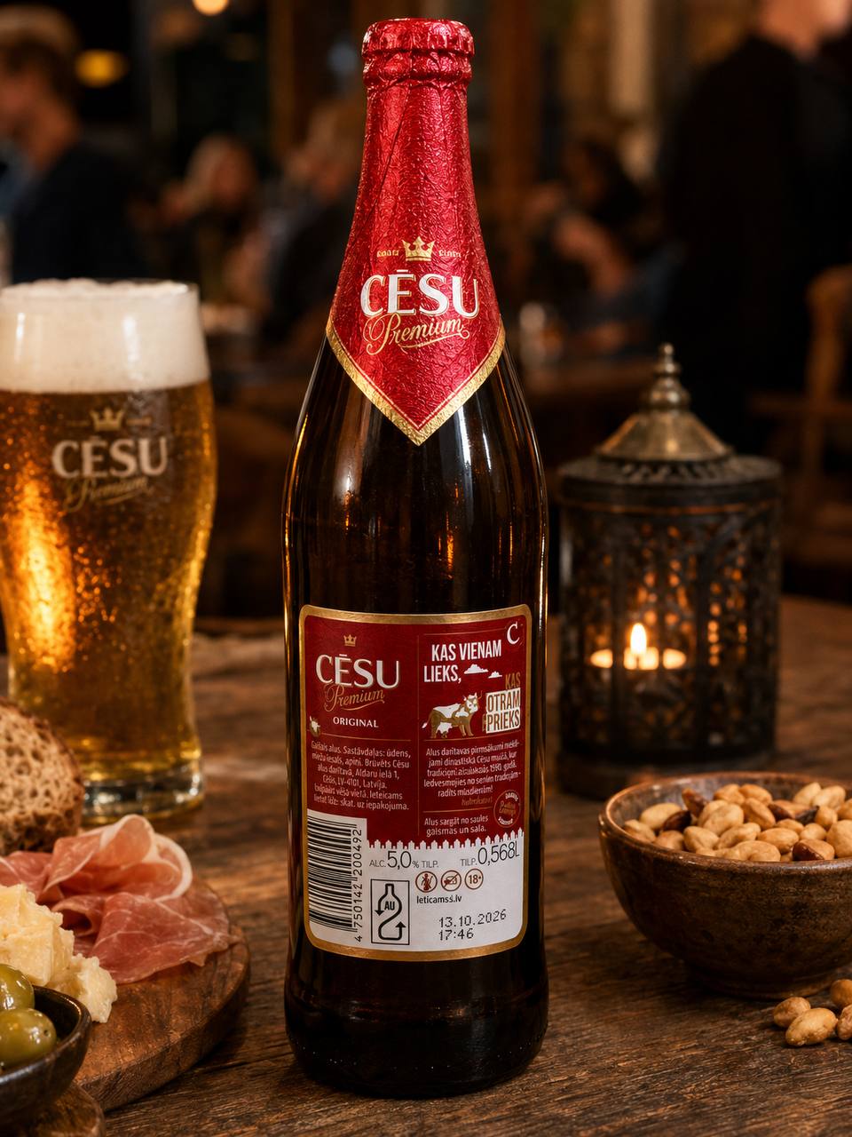 Cēsu Premium Original Latvian Premium Lager lifestyle bar setting back view