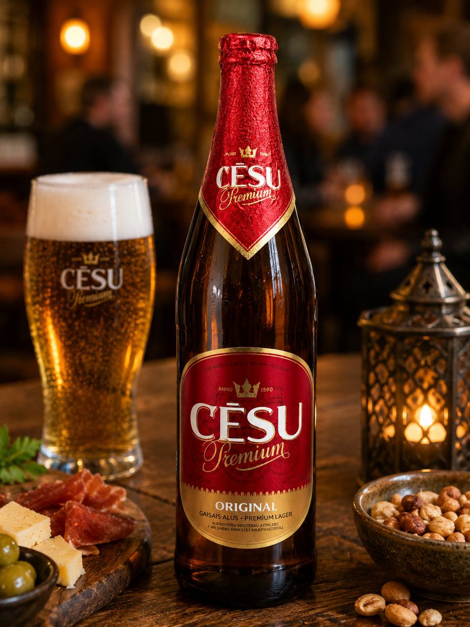 Cēsu Premium Original Latvian Premium Lager lifestyle bar setting front view
