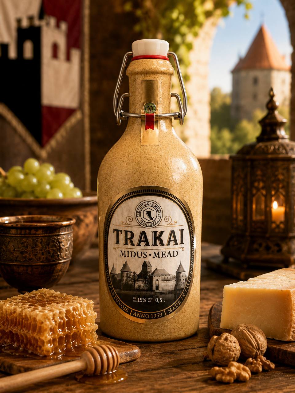 Trakai Midus Mead 0.5L lifestyle shot with honeycomb and castle