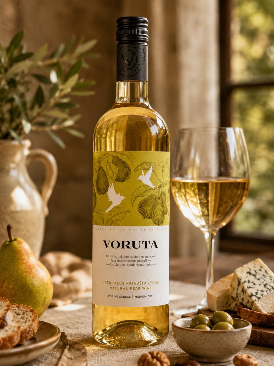 Voruta Natural Pear Wine lifestyle pairing with pear, cheese, and glass