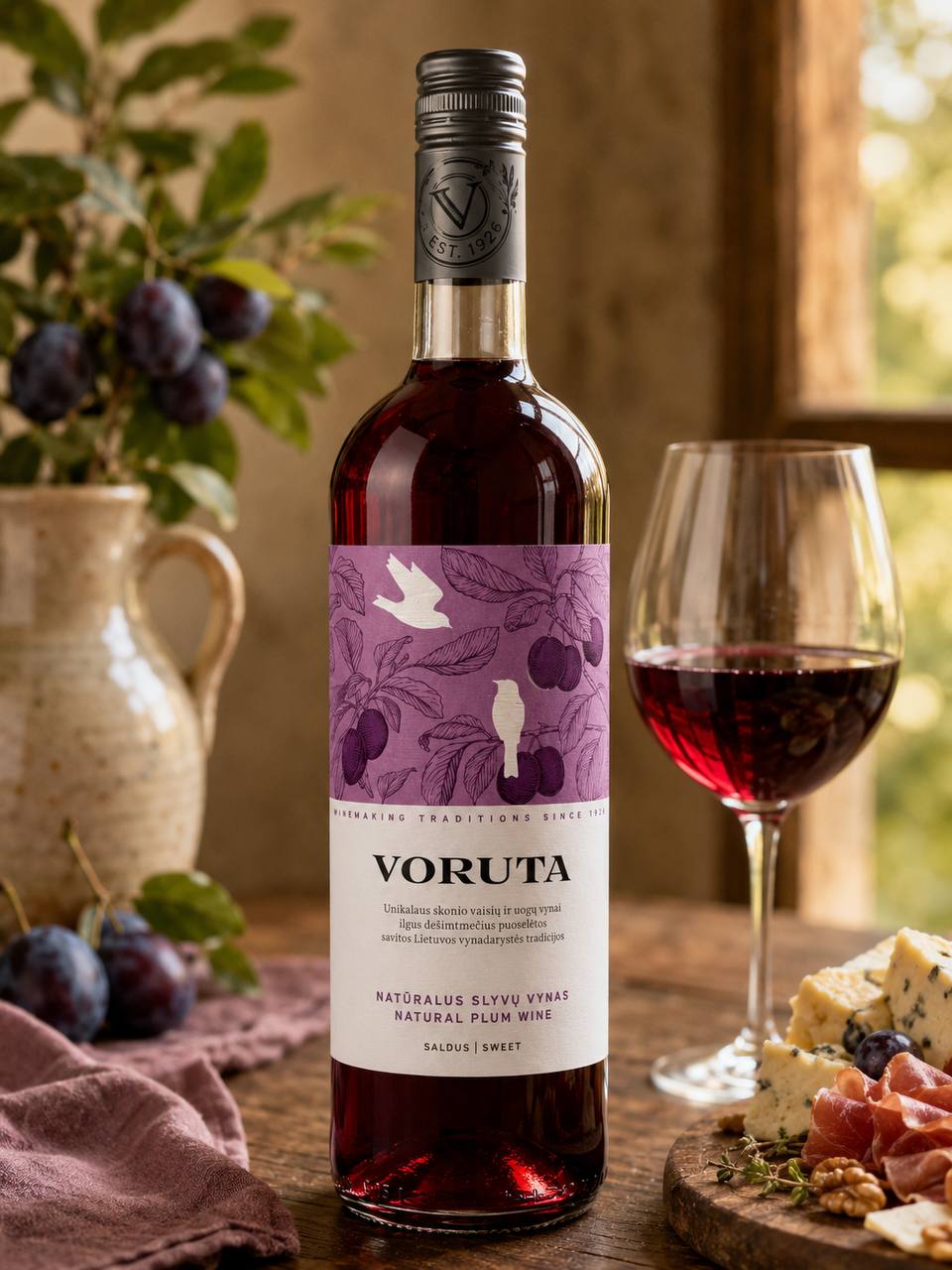 Voruta Natural Plum Wine served with plums cheese and wine glass