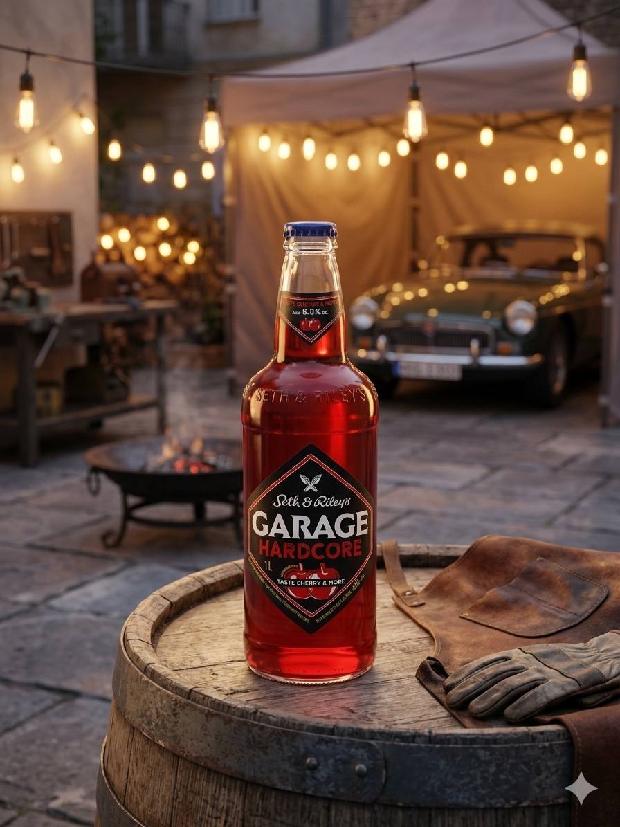 Garage Hardcore cherry flavoured beer cider bottle on barrel lifestyle image