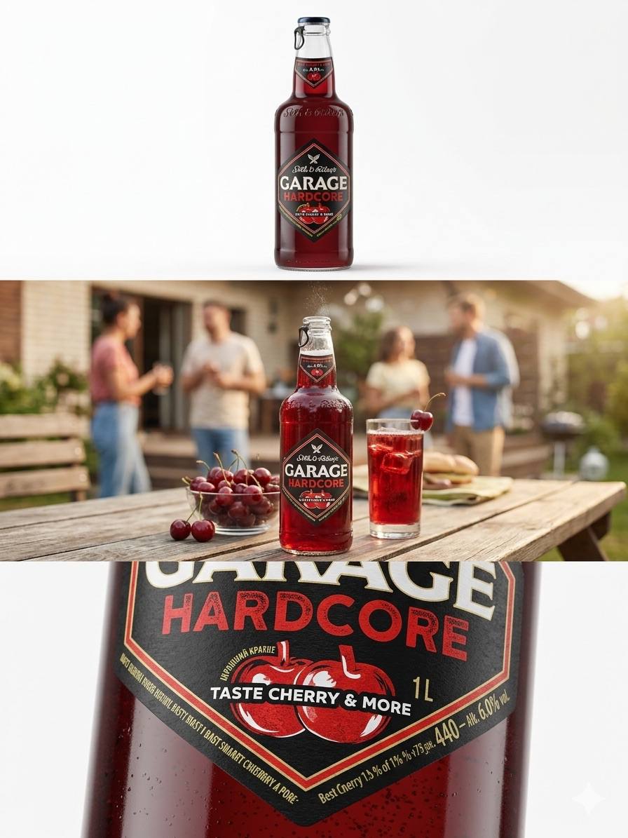 Garage Hardcore cherry beer cider lifestyle collage with bottle and serving suggestion