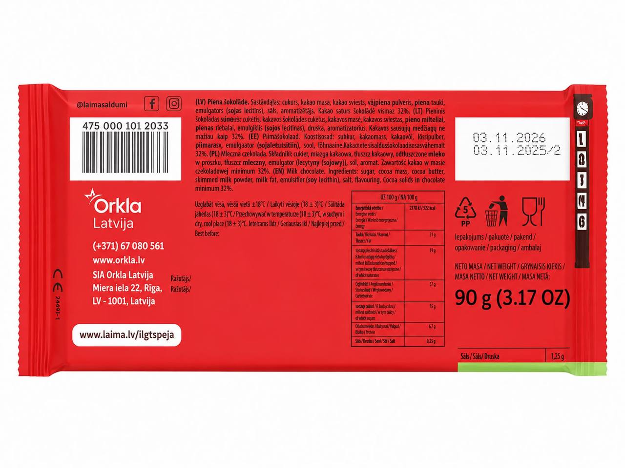 Laima Ekstra Milk Chocolate with Hazelnuts Bar 90g back full nutritional information