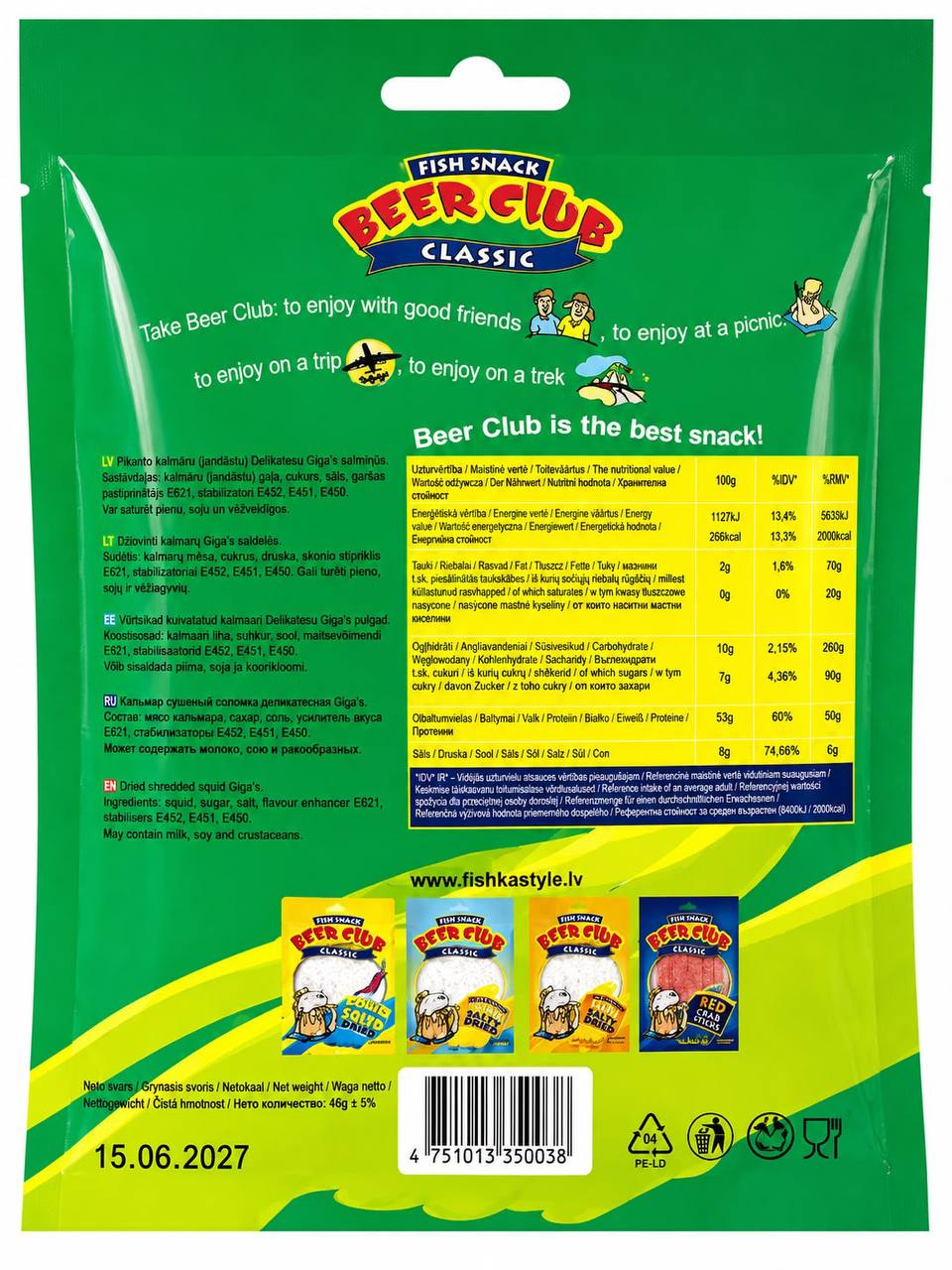 Beer Club Classic Dried Squid back pack nutrition and barcode